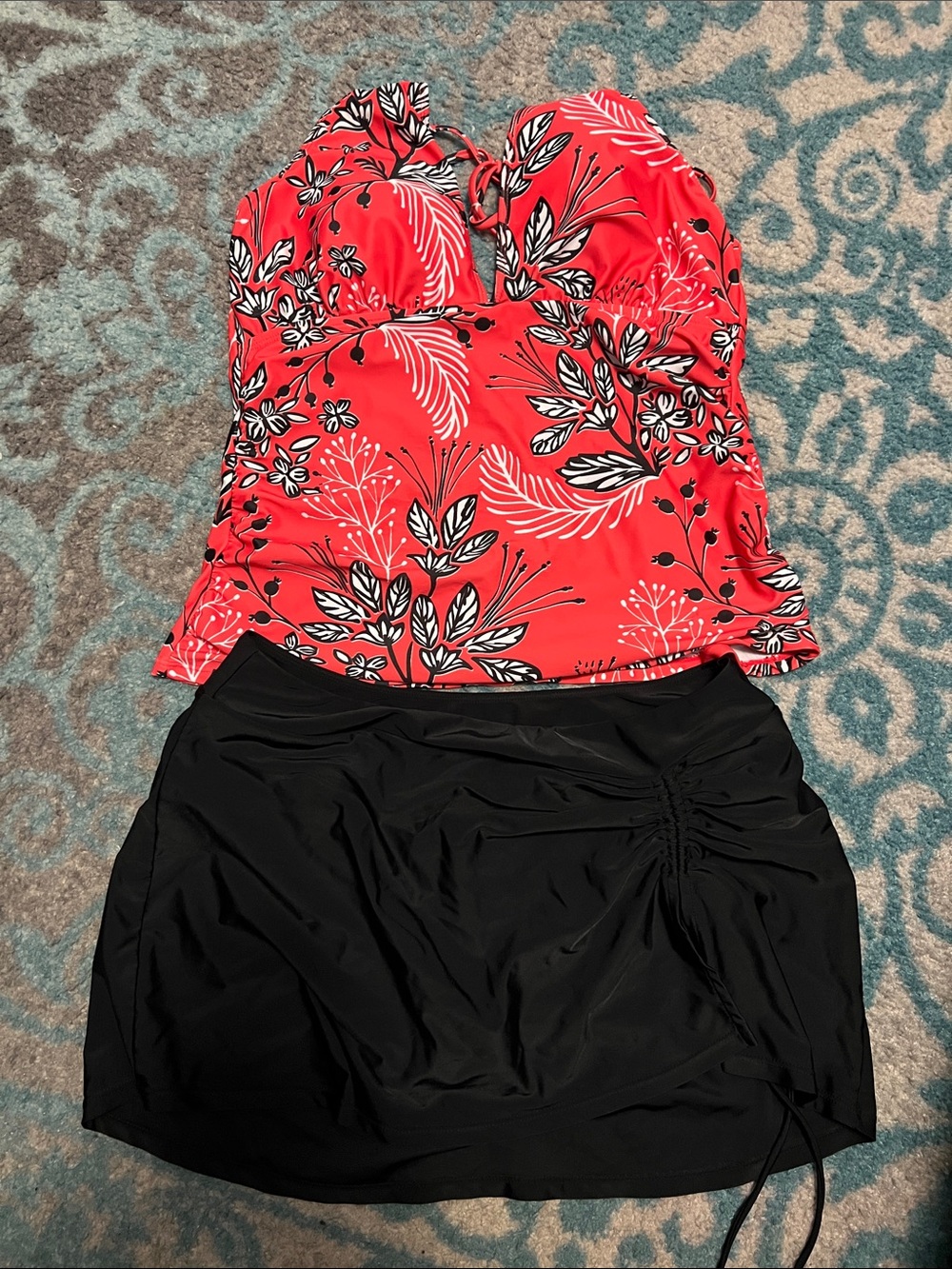 Younique High Waisted Tummy Control Tankini Sets-Red Floral - Picture 3 of 5